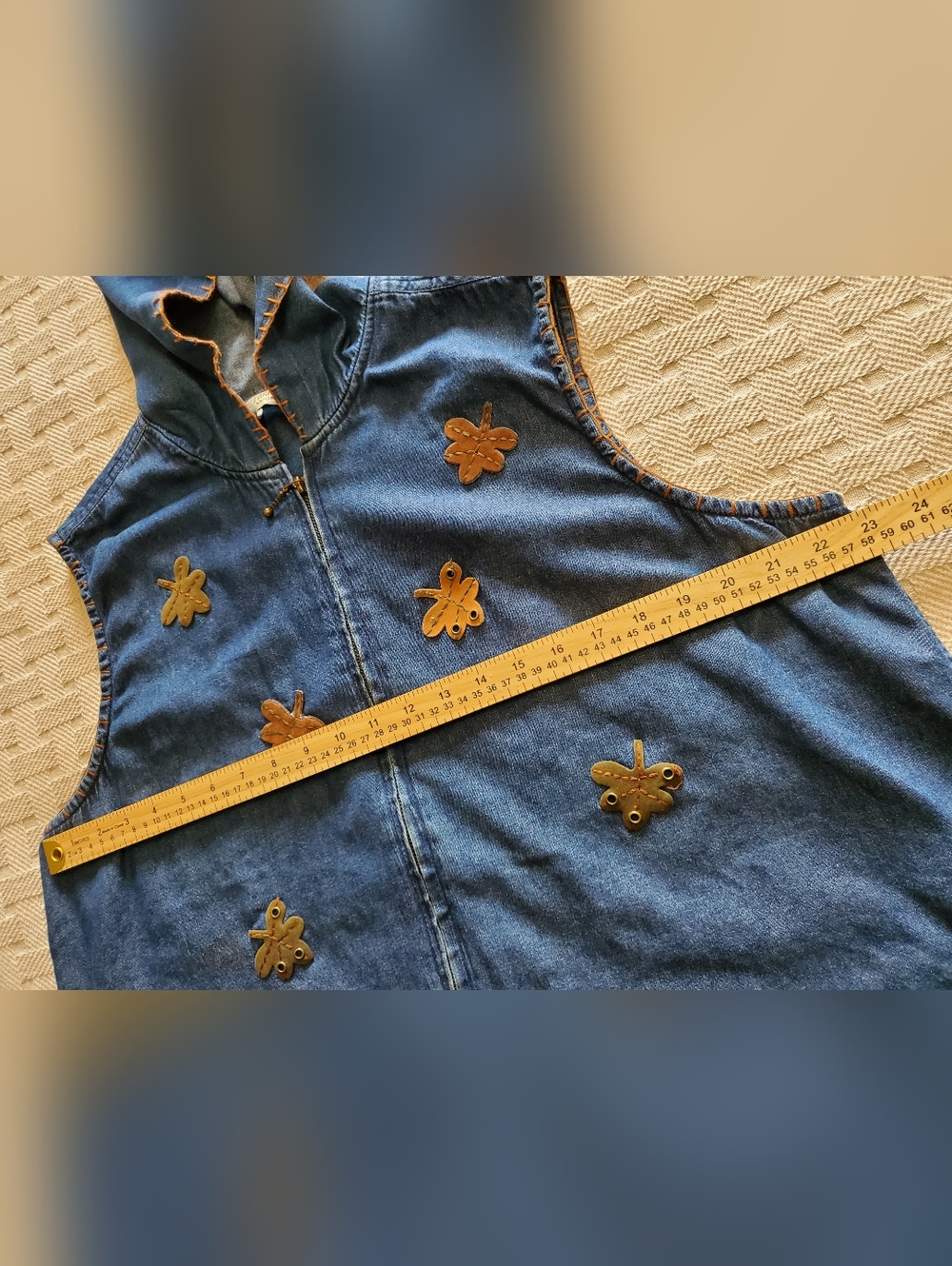 Victoria Jones Appliqué Leather Autumn Leaves Jean Vest Hood Vintage - Picture 6 of 15